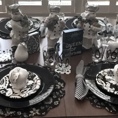 Leslie Sattler Midnight Dinnerware and Black and White Table Setting for Six