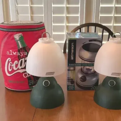 Two Coleman Table Lamps, Emerson Utility Light and Coca Cola Cooler