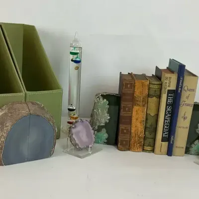 Agate Bookends, Himalayan Salt Lamp, Books and Desk Accessories