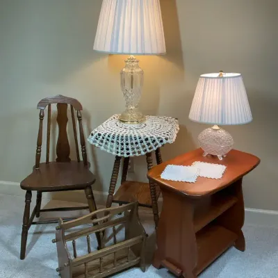 Wood Tables, Chair, Magazine Rack and Two Glass Lamps