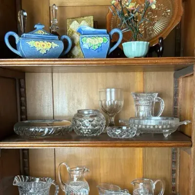 Cut Glass Serving Pieces and Blue Floral Ceramics