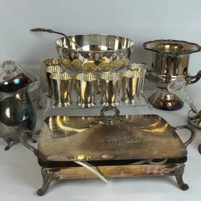 Silverplate Serving Pieces, Goblets and Punch Bowl