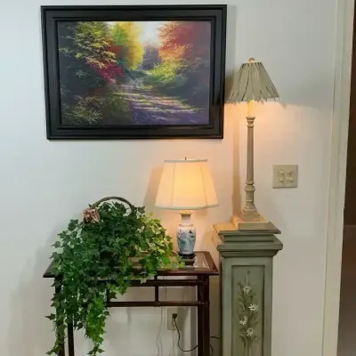 Framed Landscape Art, Two Lamps, Side Table and Artificial Ivy