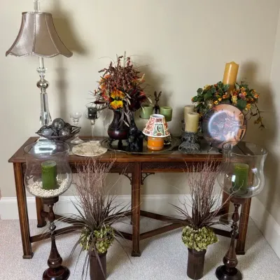 Wood Console Table with Lamps, Candles and Home Accents