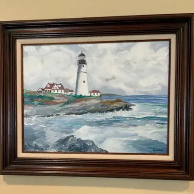 Leon Moss Signed Lighthouse Coastal Painting