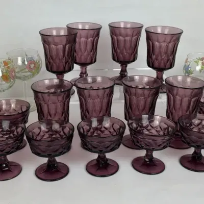 Purple Glass Stemware and Floral Wine Glasses
