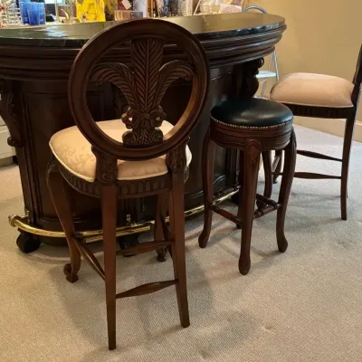 Ornate Marble Top Home Bar with Three Bar Stools