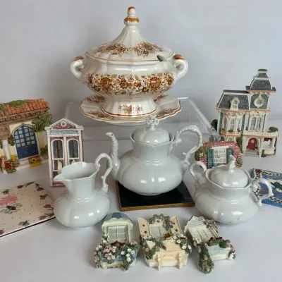 Soup Tureen, White Porcelain Tea Set and Miniature Houses