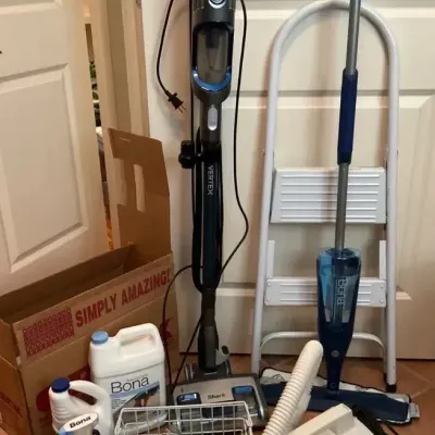 Shark Vertex and Oreck Vacuum, Bona Mop, Step Stool and Floor Cleaning Supplies