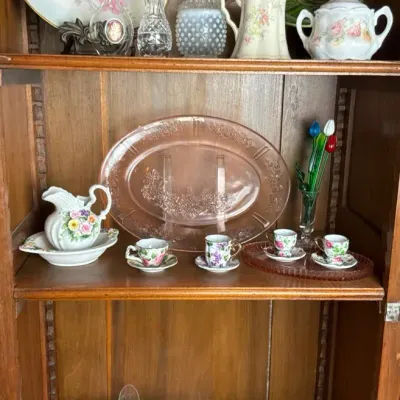 Floral Porcelain, Pink Depression Glass and Serving Pieces
