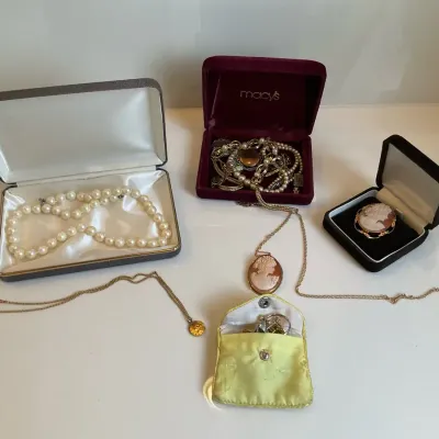 Pearl Necklace, Cameo Jewelry and Boxed Fashion Accessories
