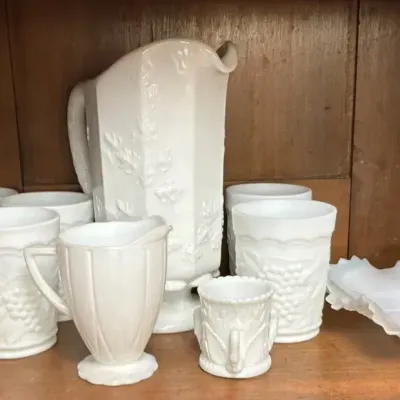 White Milk Glass Pitcher, Tumblers and Serving Pieces