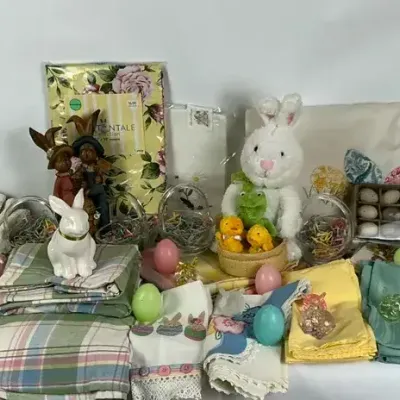Easter Decorations, Bunny Figurines, Eggs and Table Linens