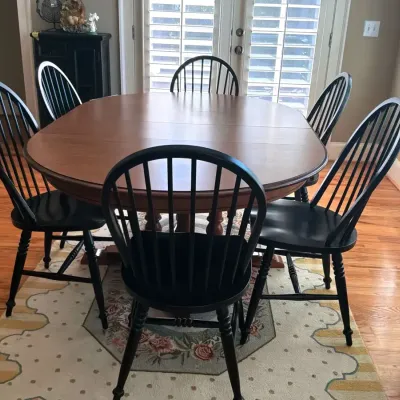 Tell City Dining Table with Six Black Windsor Chairs