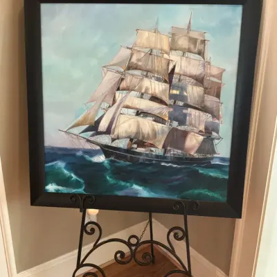 Framed Tall Ship Painting Signed CS 