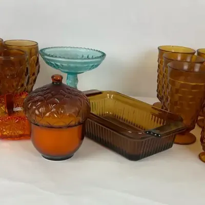 Amber Glass Goblets, Tumblers and Serving Pieces