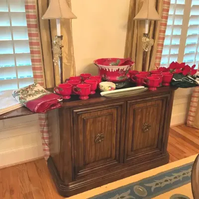 Wood Dining Cabinet with Christmas Serving Pieces, Linens and Two Lamps