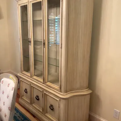 Distressed White China Lighted Display Cabinet with Glass Shelves