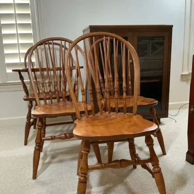 Three Windsor Style Wood Chairs and Glass Door Cabinet