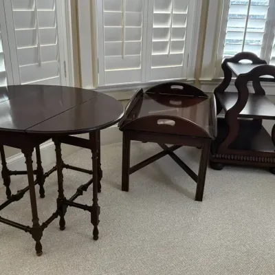 Drop Leaf Table, Butler's Tray Table and Wood Display Shelf