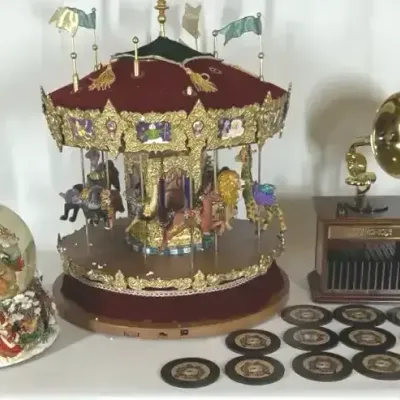Christmas Carousel, Snow Globe and Gramophone Music Box