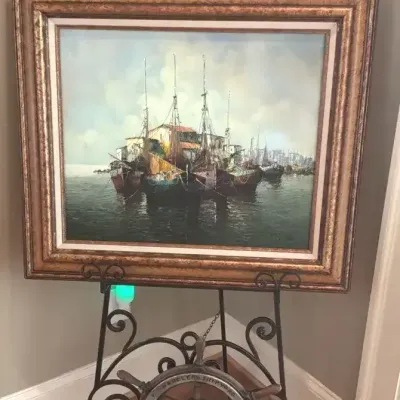 Harbor Oil Painting, Ship Wheel 