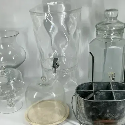 Glass Beverage Dispensers, Serving Dishes and Metal Drink Caddy
