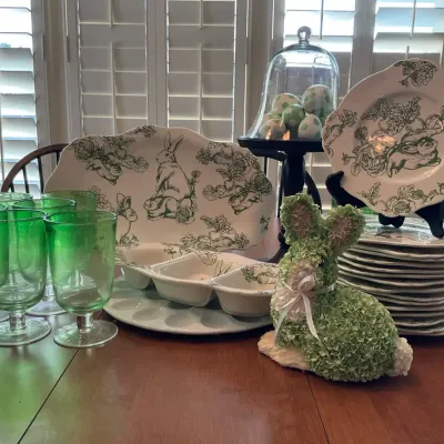 BunnyToile By J.Wilfred Green Rabbit Dinnerware, Glassware and Easter Decorations