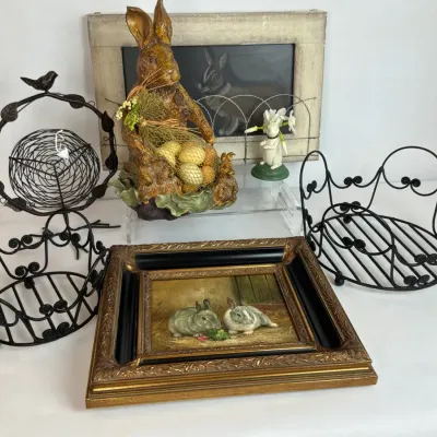 Rabbit Artwork, Figurines and Metal Baskets
