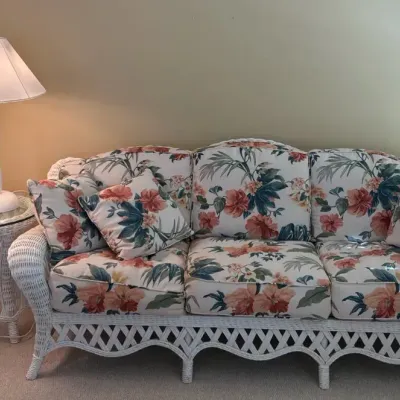 White Wicker Sofa, Side Table and Two Lamps