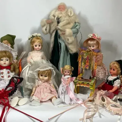 Porcelain Dolls, Santa Figure and Doll Accessories