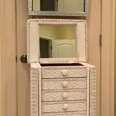 White Wicker Jewelry Chest with Mirror and Silver Tone Wall Mirror