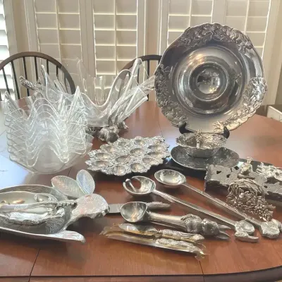 Arthur Court and Other Metal Serving Pieces with Glass Bowls