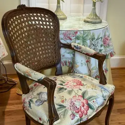 Cane Back Floral Armchair, Two Rose Lamps and Accent Table