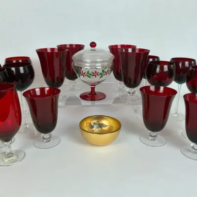 Ruby Red Glass Stemware and Christmas Candy Dishes