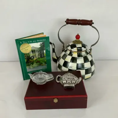 MacKenzie Childs Checkered Tea Kettle with Tea Accessories