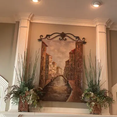 Venetian Canal Wall Art with Wrought Iron Scrollwork and Floral Arrangements