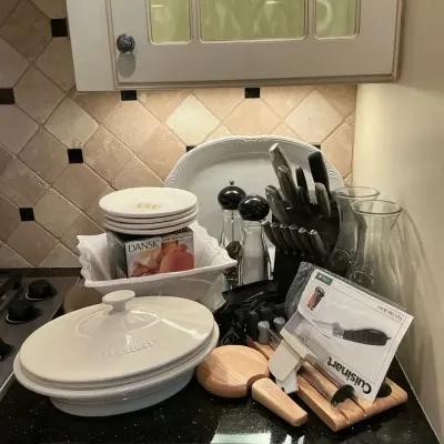 Le Creuset, Dansk and Cuisinart Kitchenware with Kitchen Aid Knife Block
