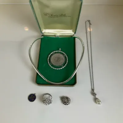 Silver Tone Jewelry with Monogram Pendant and Pearl Necklace