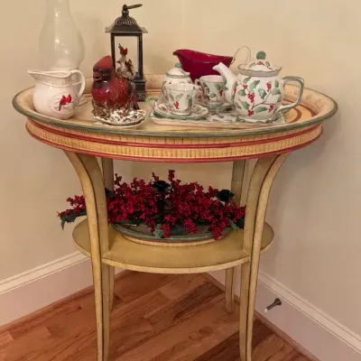 Painted Accent Table with Christmas Decor and Tea Set