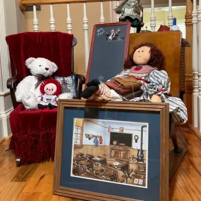 Raggedy Ann Doll, Teddy Bear, Framed Schoolhouse Print and Children's Decor