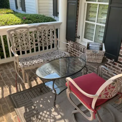 Metal Patio Bench, Rocking Chair, Glass Table and Outdoor Rug