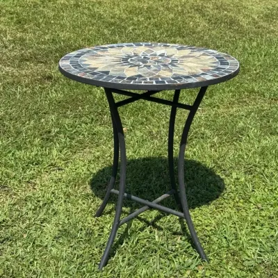 Round Outdoor Accent Table With Stone Mosaic top And Black Iron Legs