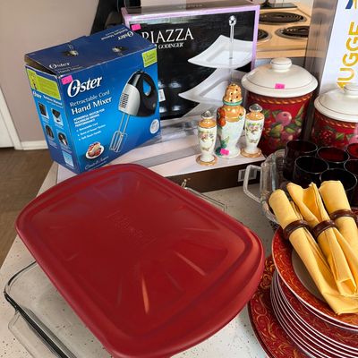 Sale Photo Thumbnail #98: Glass , Canister set, Cake Pans, Red Glasses, dishes, and new serving items.