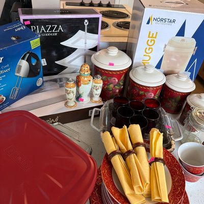 Sale Photo Thumbnail #101: Glass , Canister set, Cake Pans, Red Glasses, dishes, and new serving items.