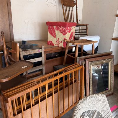 Sale Photo Thumbnail #120: Vintage Furniture, Mirrors.

The work bench is not included.