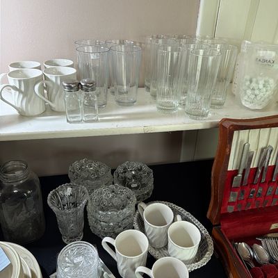 Sale Photo Thumbnail #71: Assorted Silverware, Glasses, 
Corelle, Calico Rose, and more.