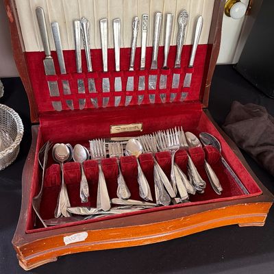 Sale Photo Thumbnail #70: Assorted Silverware, Glasses, 
Corelle, Calico Rose, and more.