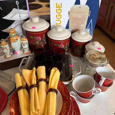 Sale Photo Thumbnail #99: Glass , Canister set, Cake Pans, Red Glasses, dishes, and new serving items.