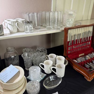 Sale Photo Thumbnail #73: Assorted Silverware, Glasses, 
Corelle, Calico Rose, and more.